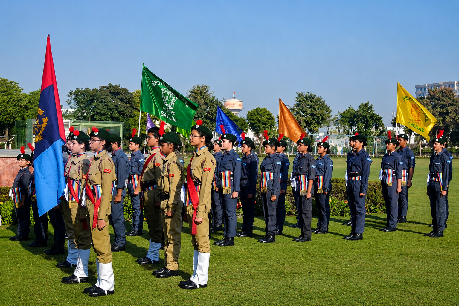 DPS Agra NCC cadets standing in formation with house flags during parade practice